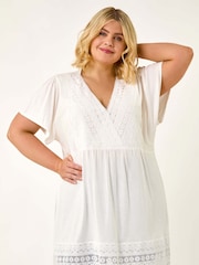 Roman White Curve Lace Trim Stretch Blouse - Image 1 of 5