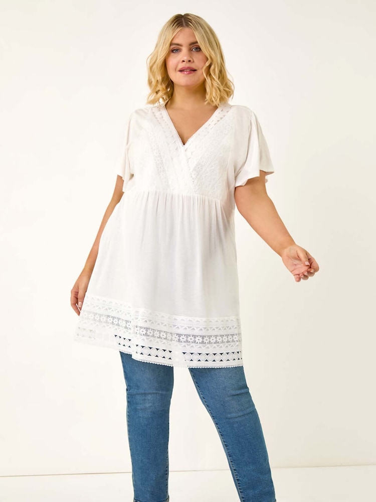 Roman White Curve Lace Trim Stretch Blouse - Image 2 of 5