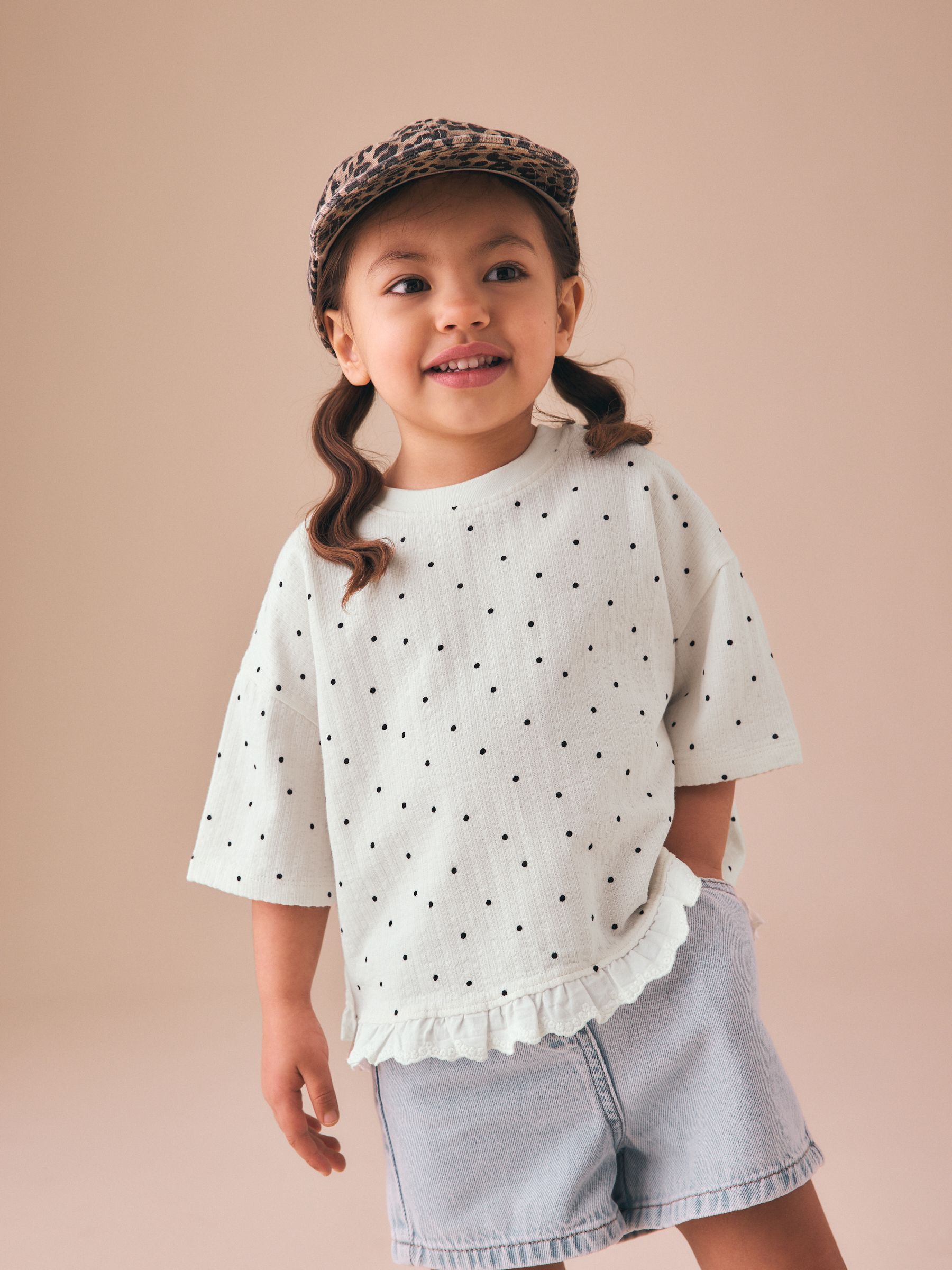 Buy Ecru White Mono Spot Short Sleeve Frill Hem Top (3mths-7yrs