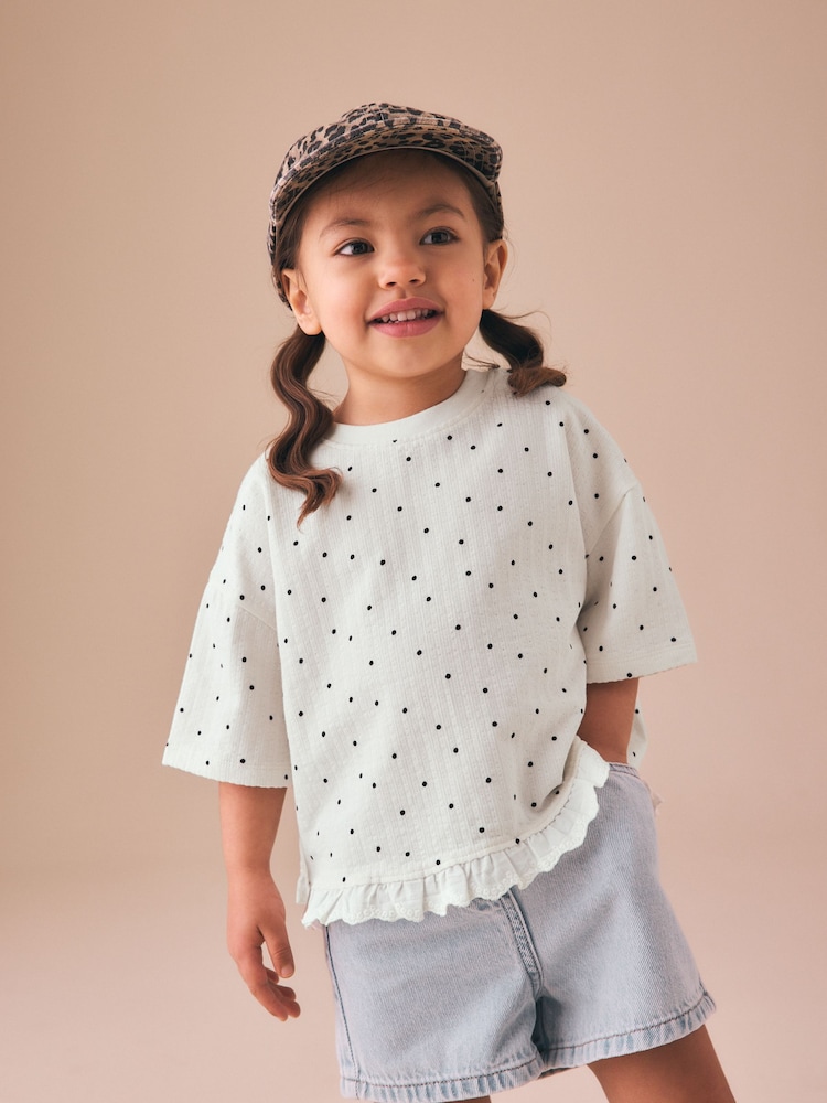 Ecru White Mono Spot Short Sleeve Frill Hem Top (3mths-7yrs) - Image 1 of 8