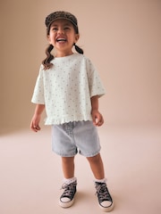 Ecru White Mono Spot Short Sleeve Frill Hem Top (3mths-7yrs) - Image 2 of 8