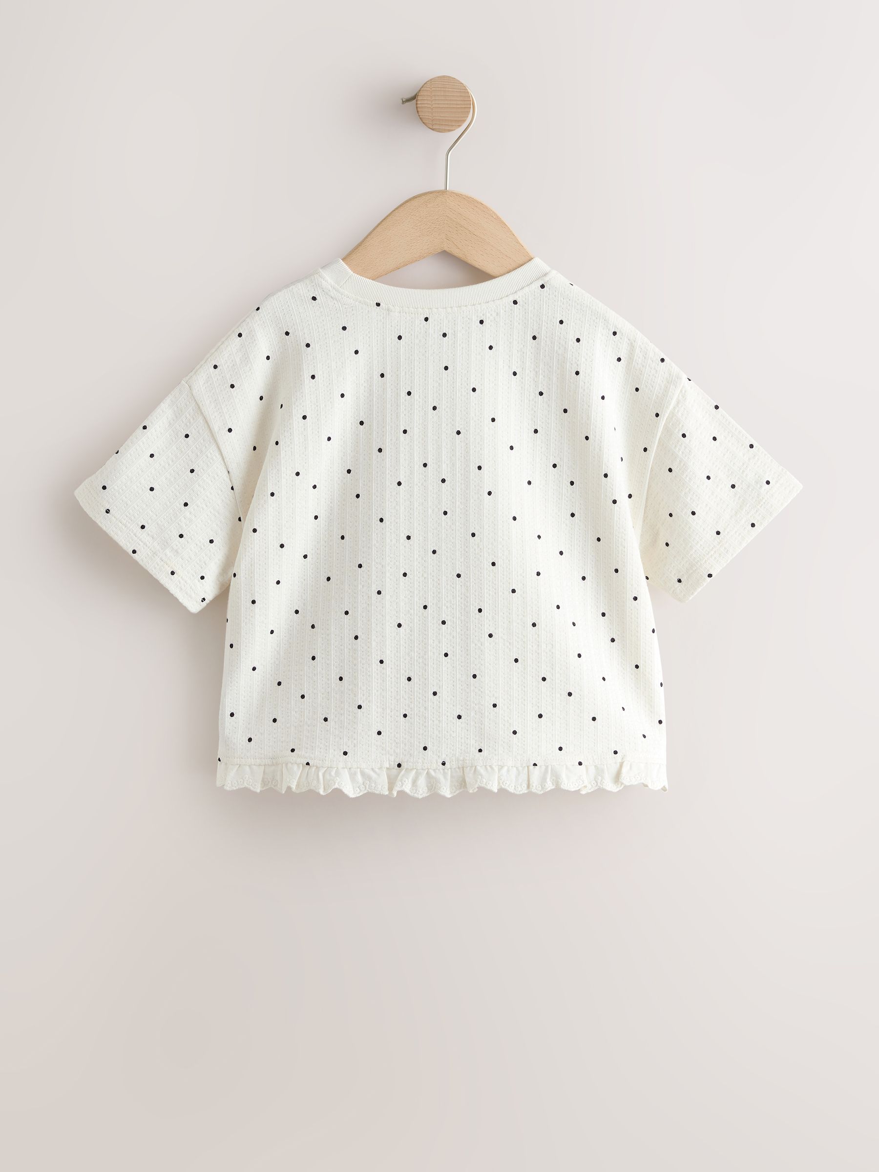 Buy Ecru White Mono Spot Short Sleeve Frill Hem Top (3mths-7yrs