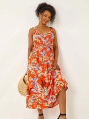 Roman Orange Petite Leaf Print Strappy Maxi Dress - Image 1 of 5