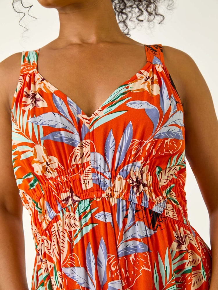 Roman Orange Petite Leaf Print Strappy Maxi Dress - Image 5 of 5