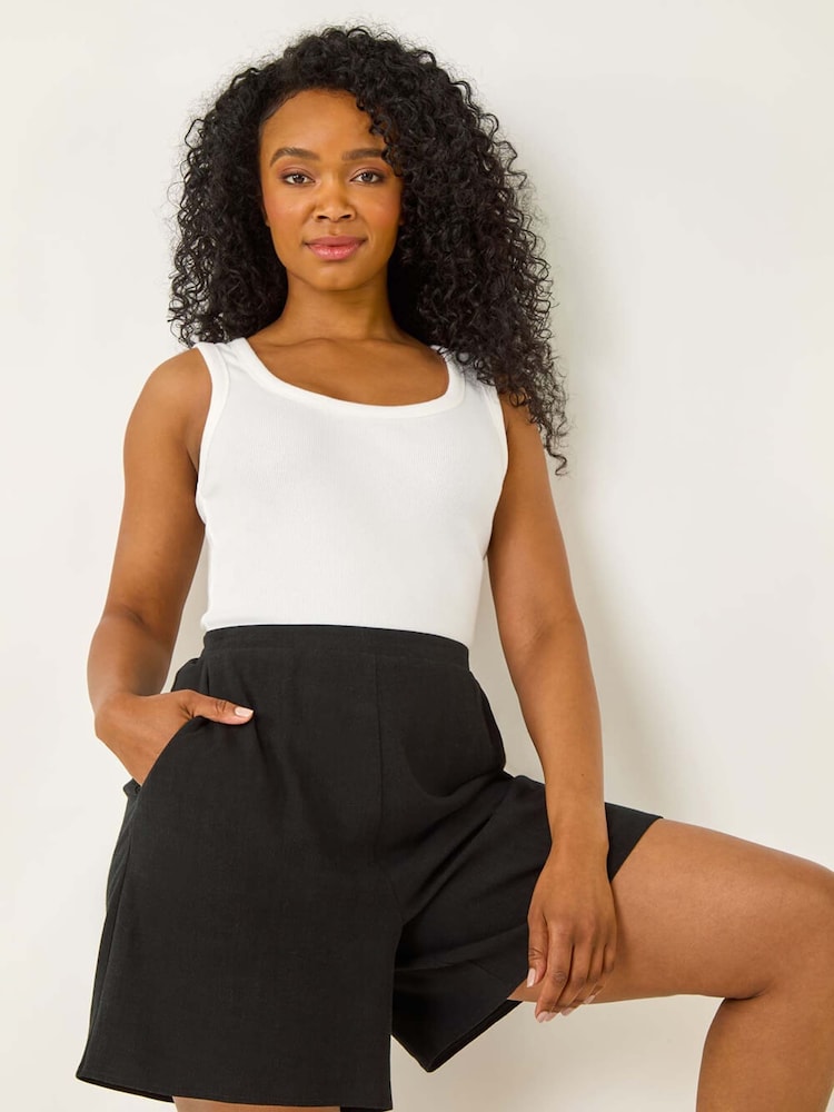 Roman Black Petite Linen Mix Elastic Waist Shorts - Image 1 of 5