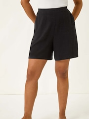Roman Black Petite Linen Mix Elastic Waist Shorts - Image 2 of 5