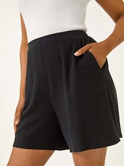 Roman Black Petite Linen Mix Elastic Waist Shorts - Image 4 of 5