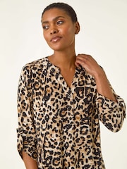 Roman Natural Animal Print V-Neck Stretch Blouse - Image 1 of 5