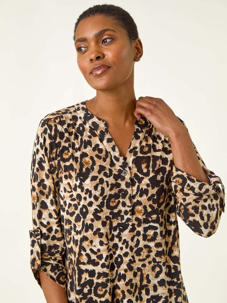 Roman Natural Animal Print V-Neck Stretch Blouse - Image 1 of 5