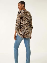 Roman Natural Animal Print V-Neck Stretch Blouse - Image 4 of 5