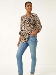 Roman Natural Animal Print V-Neck Stretch Blouse - Image 5 of 5