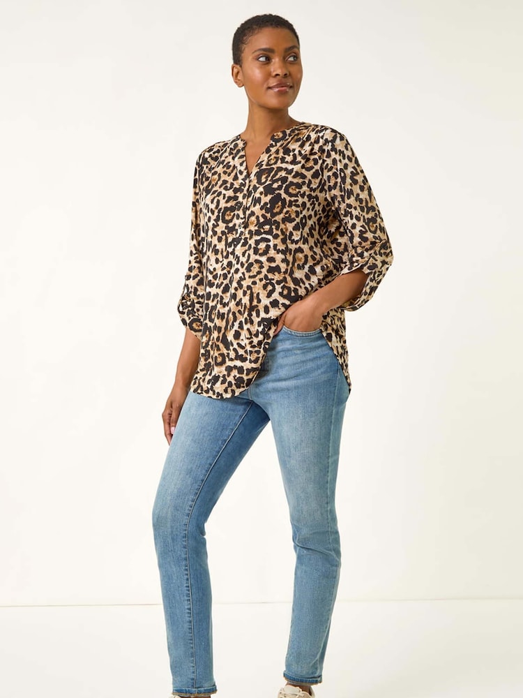 Roman Natural Animal Print V-Neck Stretch Blouse - Image 5 of 5