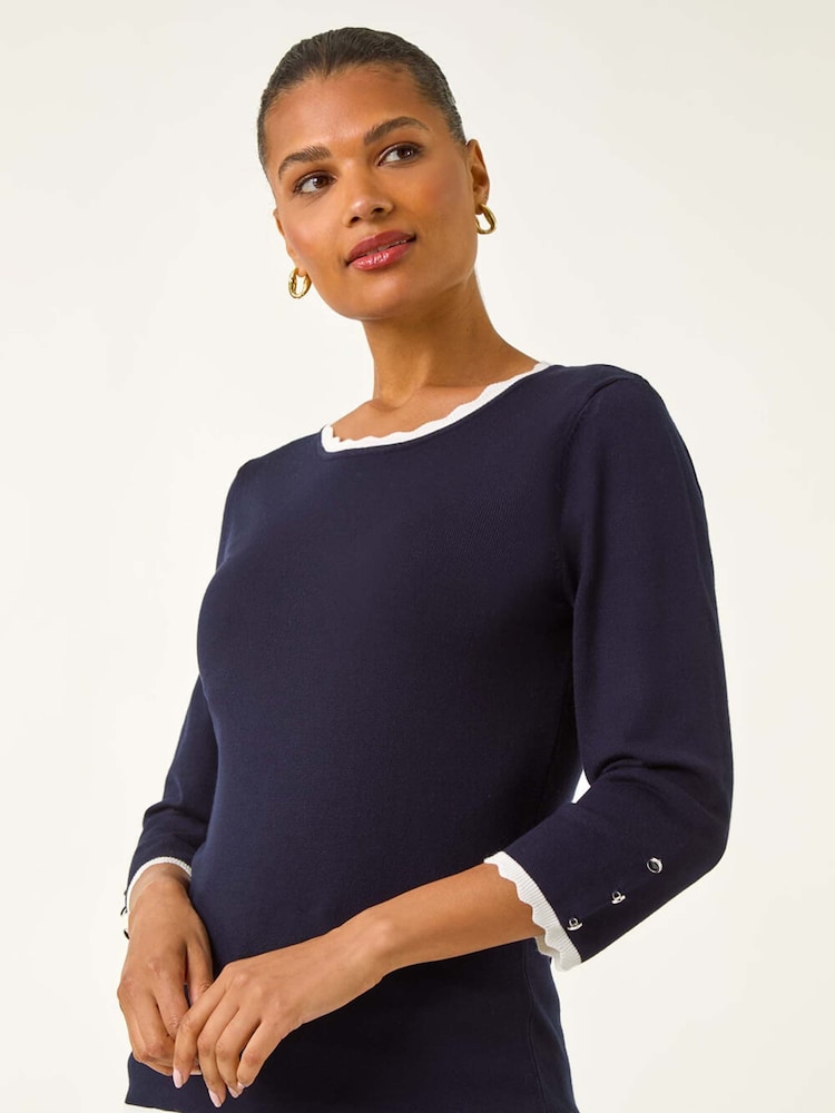 Roman Blue Scallop Neck Button Knit Jumper - Image 1 of 5