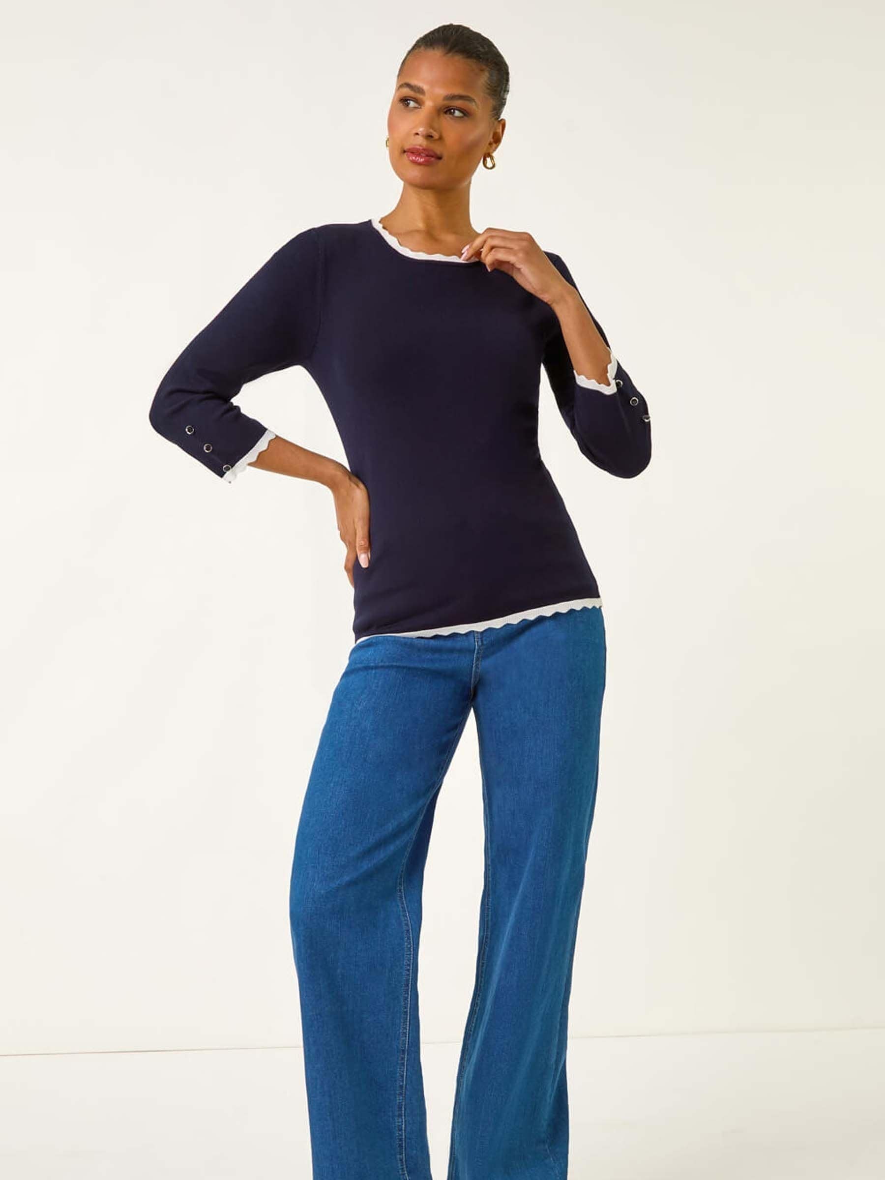 Buy Roman Blue Scallop Neck Button Knit Jumper from the Next UK
