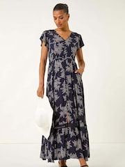 Roman Blue Leaf Print V-Neck Maxi Dress - Image 1 of 5