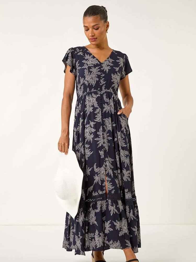 Roman Leaf Print V-Neck Maxi Dress - Imagen 1 de 5 Roman Leaf Print V-Neck Maxi Dress - Imagen 1 de 5