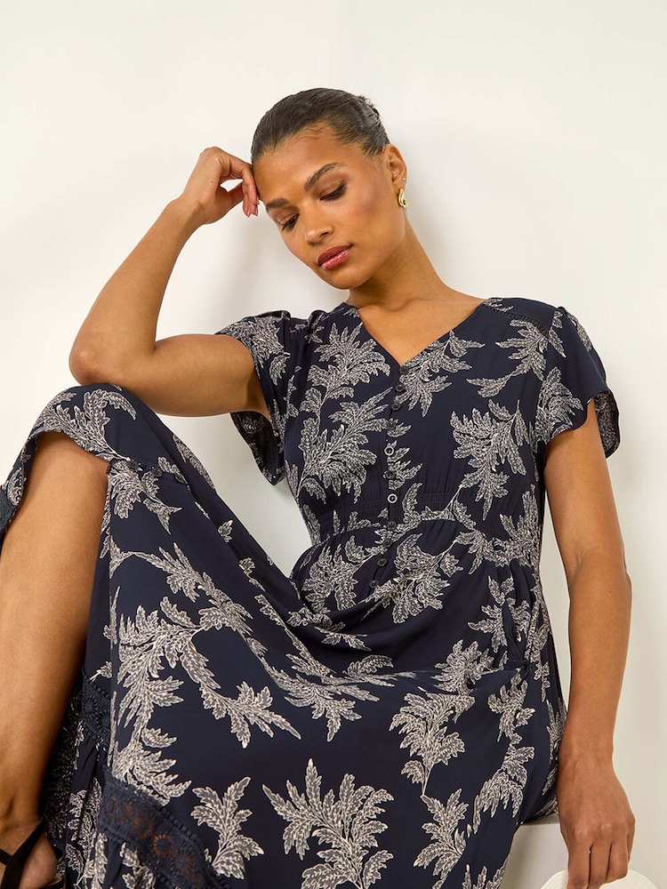 Roman Blue Leaf Print V-Neck Maxi Dress - Image 2 of 5