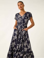 Roman Blue Leaf Print V-Neck Maxi Dress - Image 4 of 5