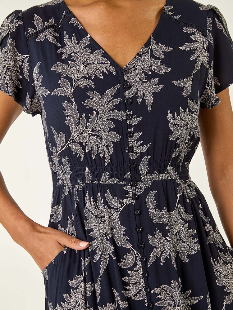 Roman Blue Leaf Print V-Neck Maxi Dress - Image 5 of 5