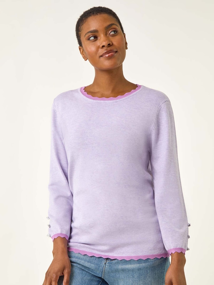 Roman Purple Scallop Neck Button Knit Jumper - Image 1 of 5