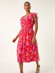 Roman Orange Floral Print Bias Midi Dress - Image 1 of 5