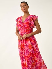 Roman Orange Floral Print Bias Midi Dress - Image 2 of 5