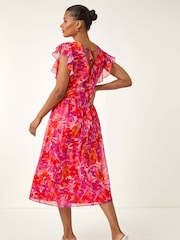 Roman Orange Floral Print Bias Midi Dress - Image 3 of 5
