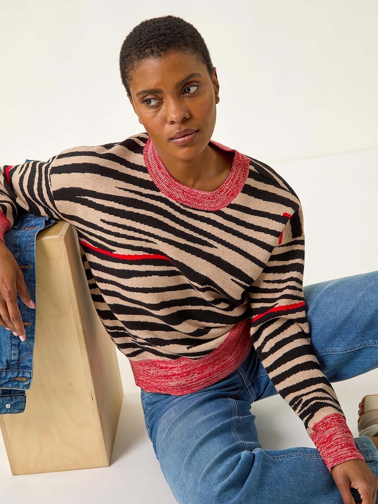 Roman Black Contrast Animal Print Knit Jumper - Image 1 of 5