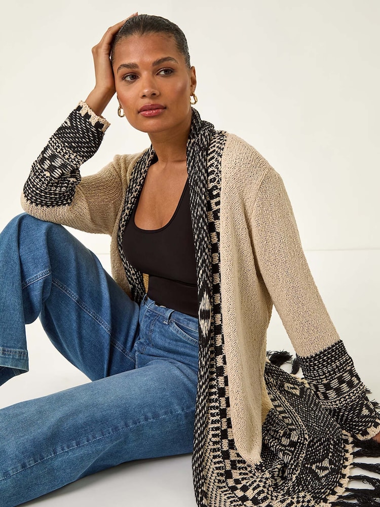Roman Grey Nordic Pattern Fringe Detail Cardigan - Image 1 of 5