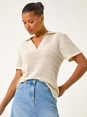 Roman Natural Stripe Crochet Collar Knit Blouse - Image 1 of 5