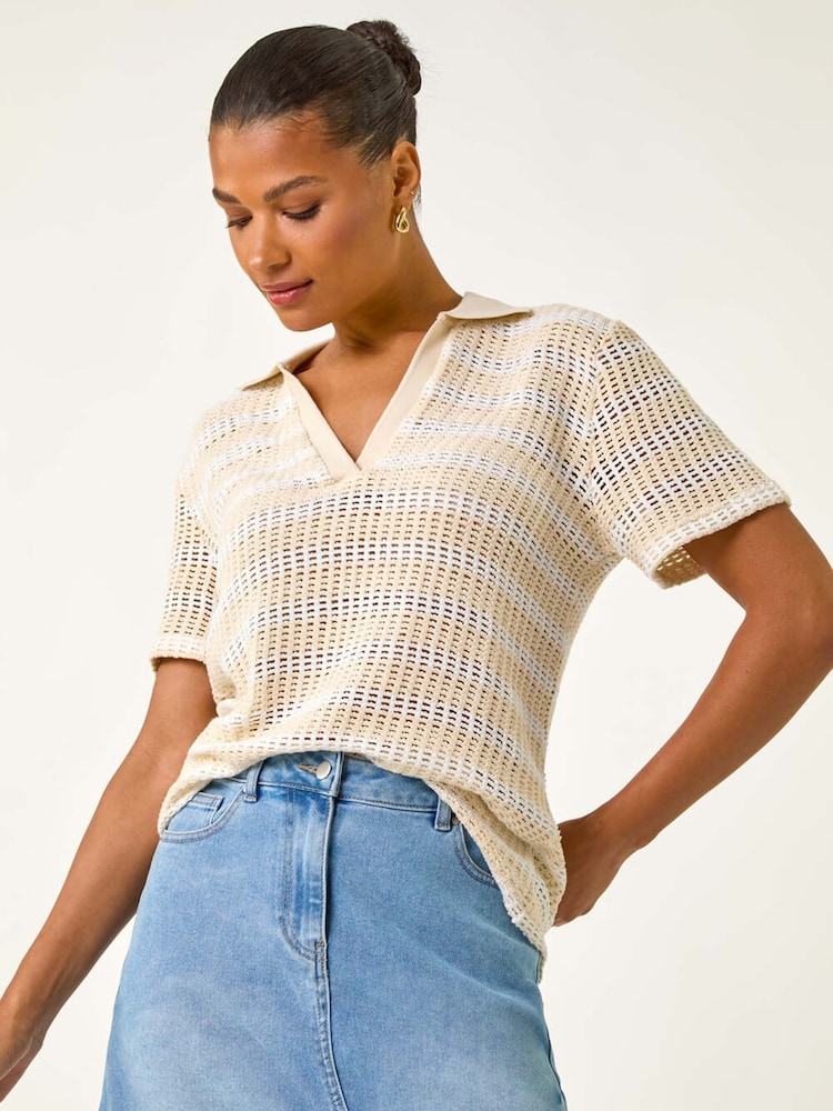 Roman Natural Stripe Crochet Collar Knit Blouse - Image 1 of 5
