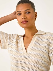 Roman Natural Stripe Crochet Collar Knit Blouse - Image 4 of 5