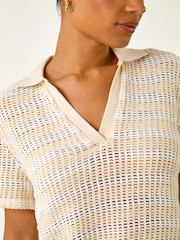 Roman Natural Stripe Crochet Collar Knit Blouse - Image 5 of 5