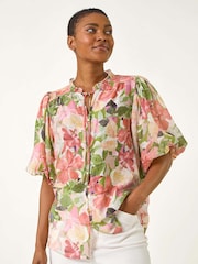 Roman Pink Floral Print Gathered Blouse - Image 1 of 5