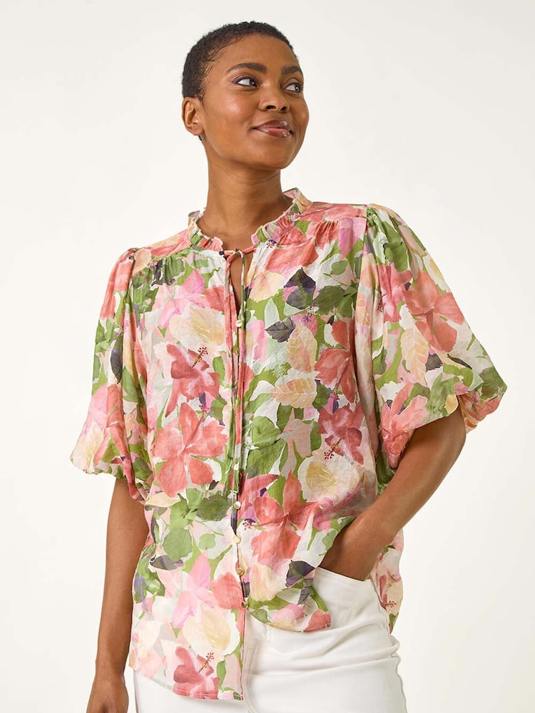 Roman Pink Floral Print Gathered Blouse - Image 1 of 5