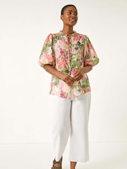 Roman Pink Floral Print Gathered Blouse - Image 2 of 5
