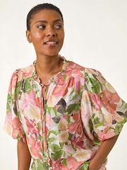Roman Pink Floral Print Gathered Blouse - Image 4 of 5