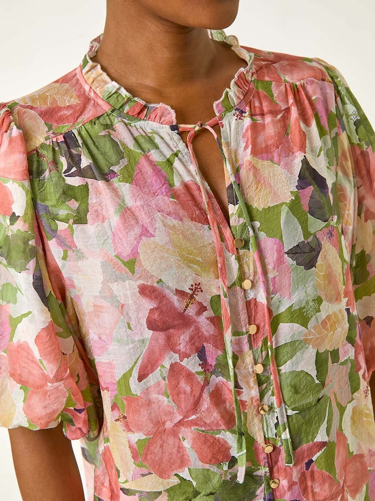 Roman Pink Floral Print Gathered Blouse - Image 5 of 5