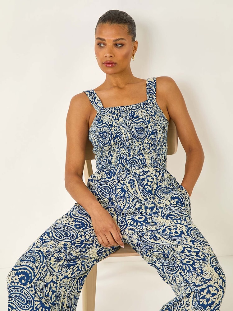 Roman Blue Paisley Print Cropped Jumpsuit - Image 1 of 5