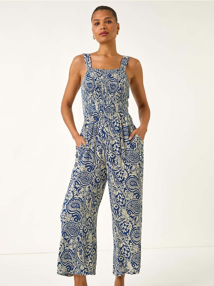 Roman Blue Paisley Print Cropped Jumpsuit - Image 2 of 5