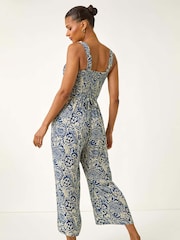Roman Blue Paisley Print Cropped Jumpsuit - Image 3 of 5