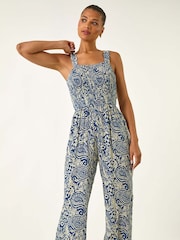 Roman Blue Paisley Print Cropped Jumpsuit - Image 4 of 5