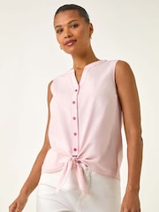 Roman Pink Contrast V-Neck Tie Front Blouse - Image 1 of 5