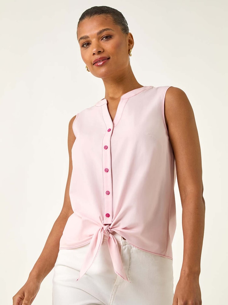 Roman Pink Contrast V-Neck Tie Front Blouse - Image 1 of 5