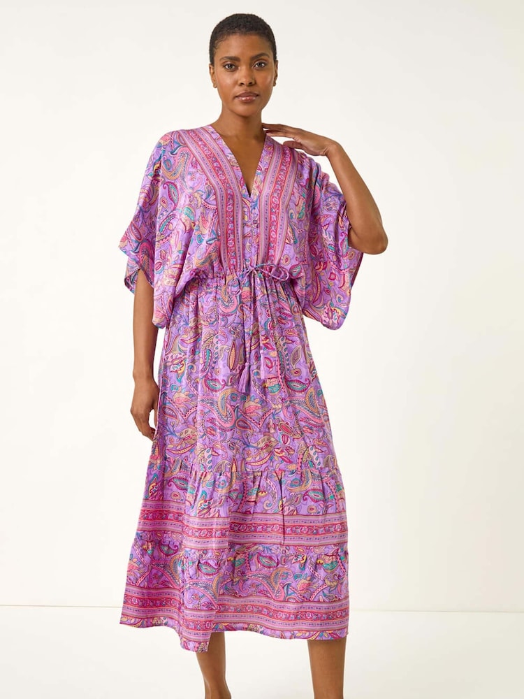Roman Purple Paisley Print V-Neck Midi Dress - Image 1 of 5