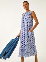 Roman Blue Geo Print Pocket Midi Dress - Image 1 of 5