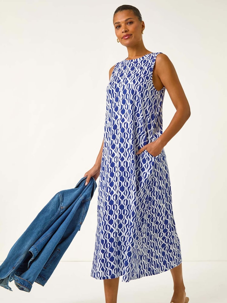 Roman Blue Geo Print Pocket Midi Dress - Image 1 of 5