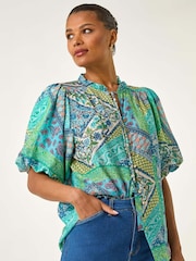 Roman Blue Patchwork Print Tie Front Blouse - Image 1 of 5