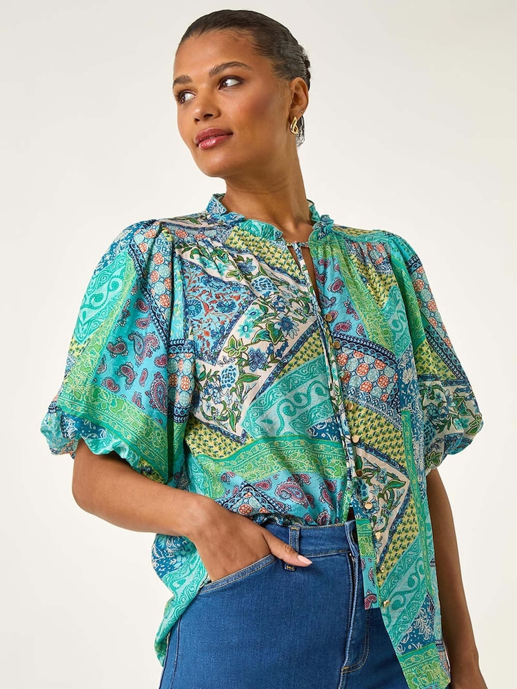 Roman Blue Patchwork Print Tie Front Blouse - Image 1 of 5