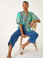 Roman Blue Patchwork Print Tie Front Blouse - Image 2 of 5